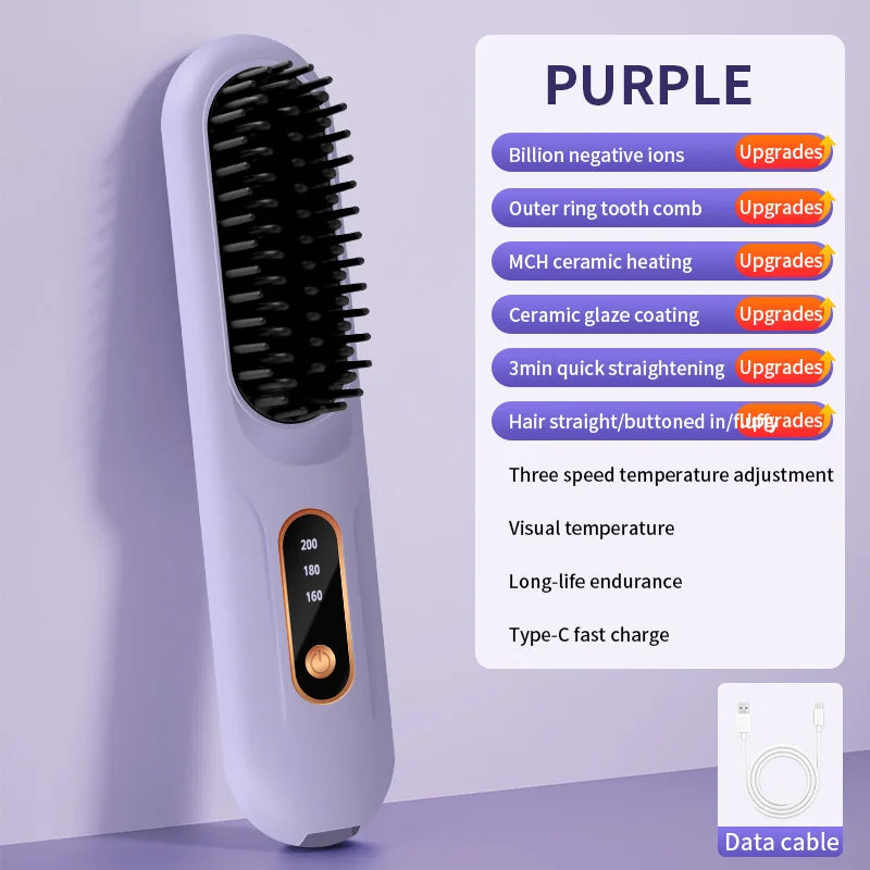 USB Rechargeable Straight Hair Comb Portable Straightener 3-Speed Temperature Control Standby 60 Minute Hot Comb Straightener