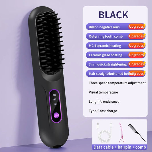 USB Rechargeable Straight Hair Comb Portable Straightener 3-Speed Temperature Control Standby 60 Minute Hot Comb Straightener